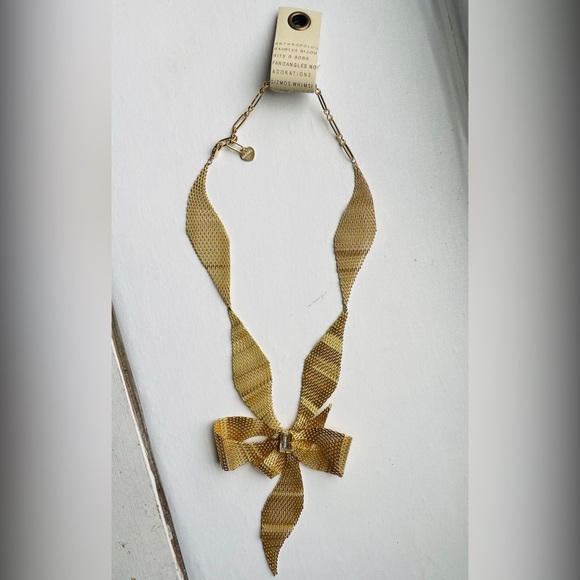 NWT Anthropologie Gold and Rhinestone Chainmail Bow Necklace - Picture 2 of 7